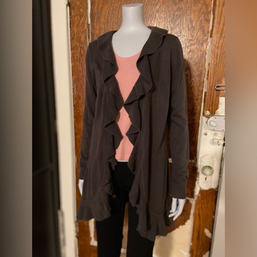 CAROL ROSE Long Gray Open Cardigan w/Ruffle Trim sz M